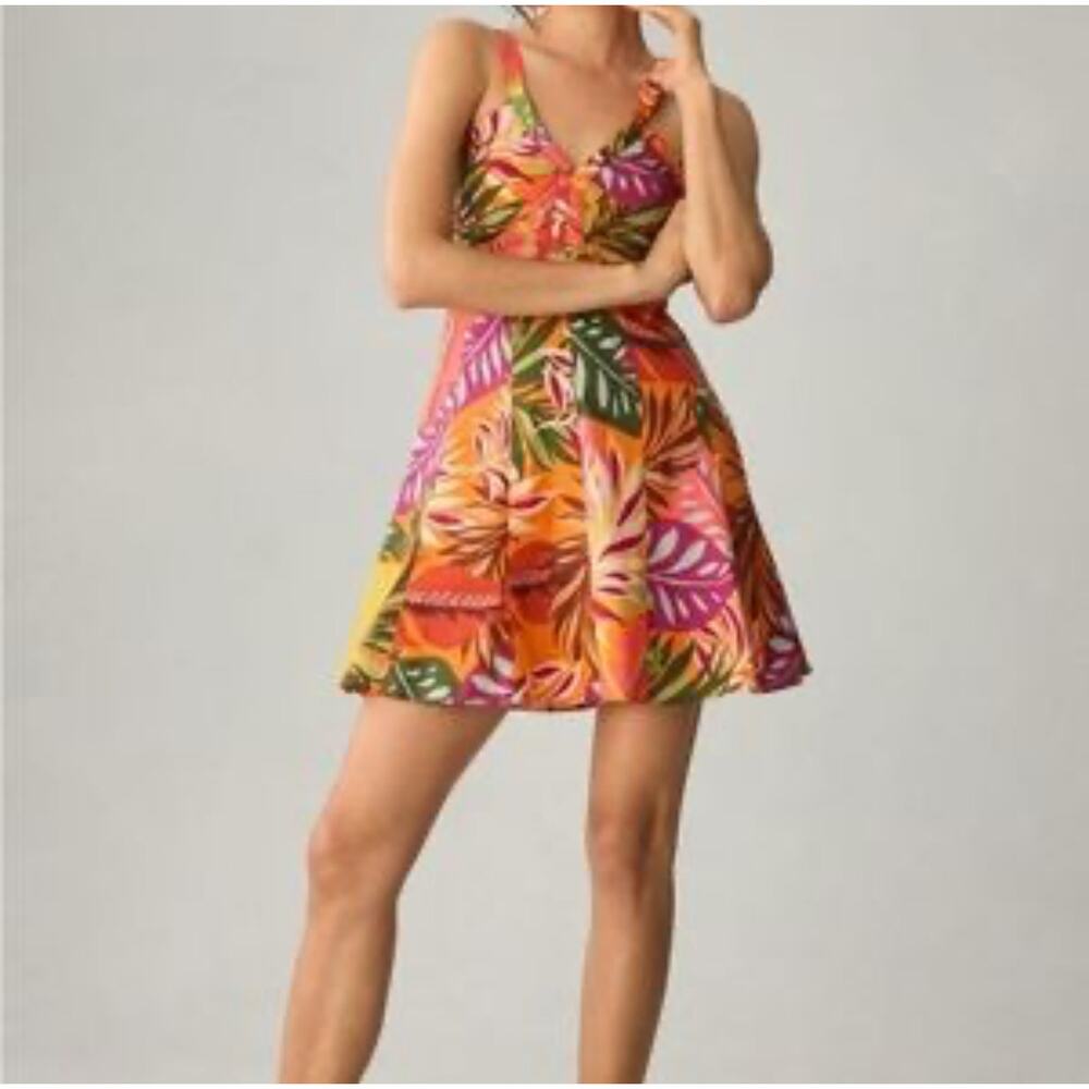 Maeve Orange Tropical A-Line Mini Dress with Pink and Green Leaves